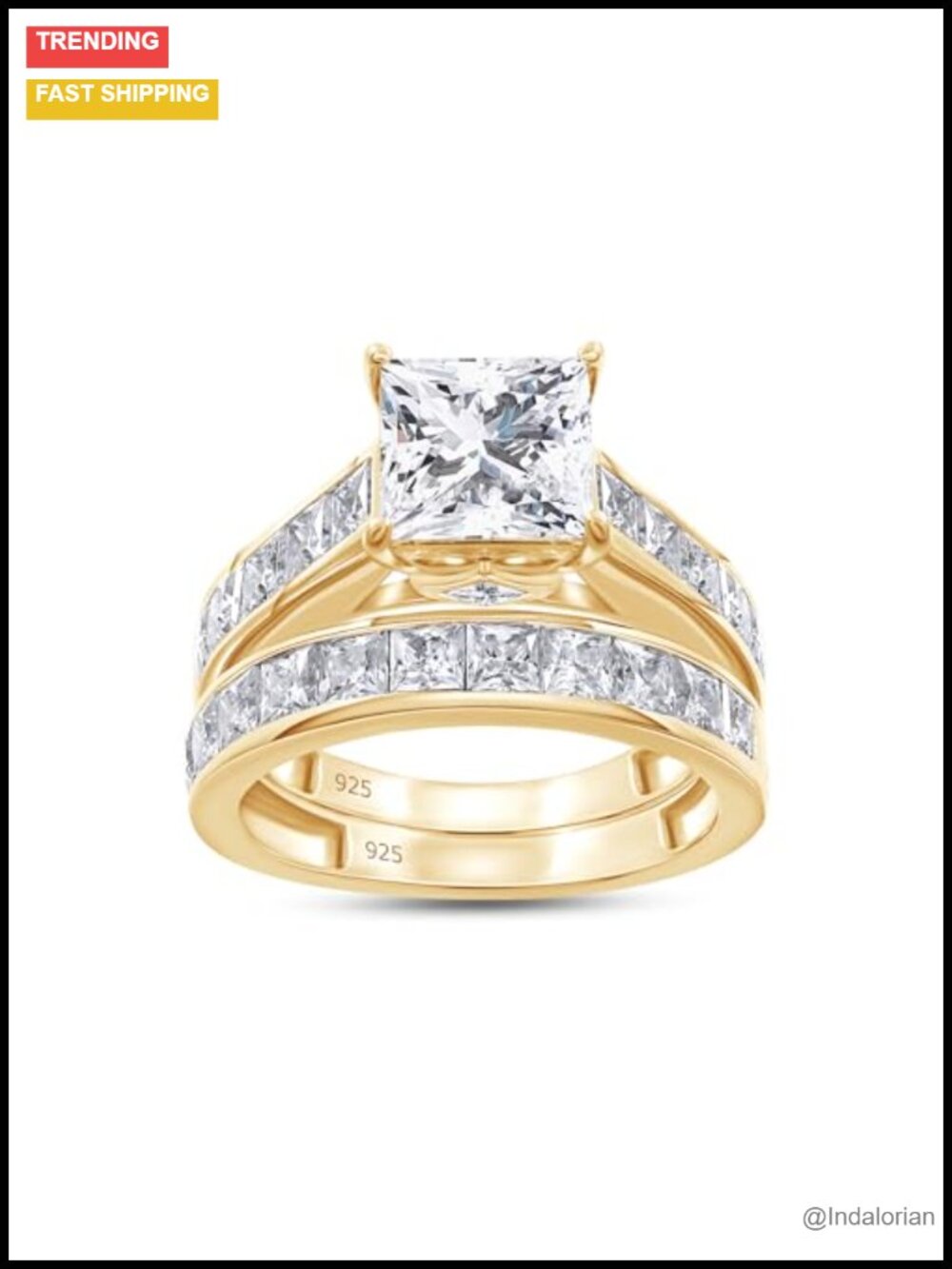 10K Solid Yellow Gold Princess Cut Moissanite Bridal Set 4 Cttw Ring